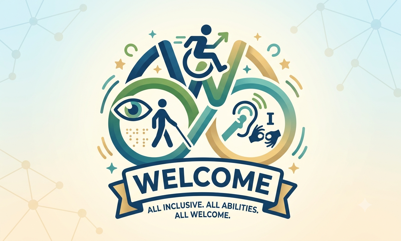 Welcome banner surrounded by accessibility icons for mobility, low vision, and hearing