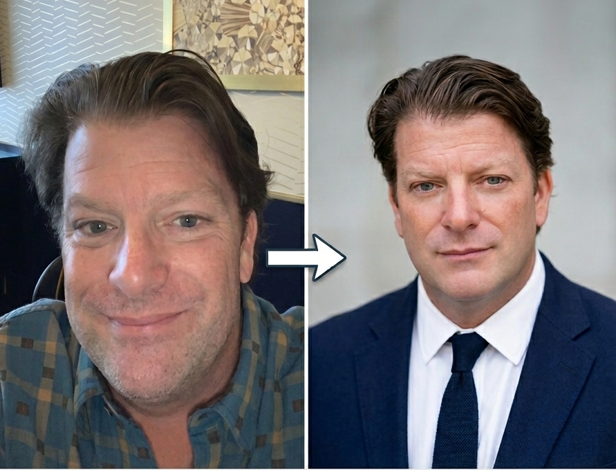 Before and after comparison of a casual selfie transformed into a professional headshot