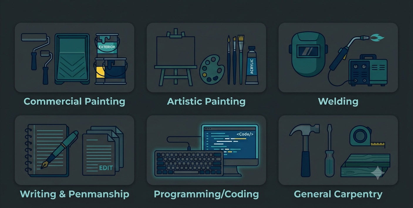 Icons representing a range of skills: painting, welding, writing, coding, and carpentry