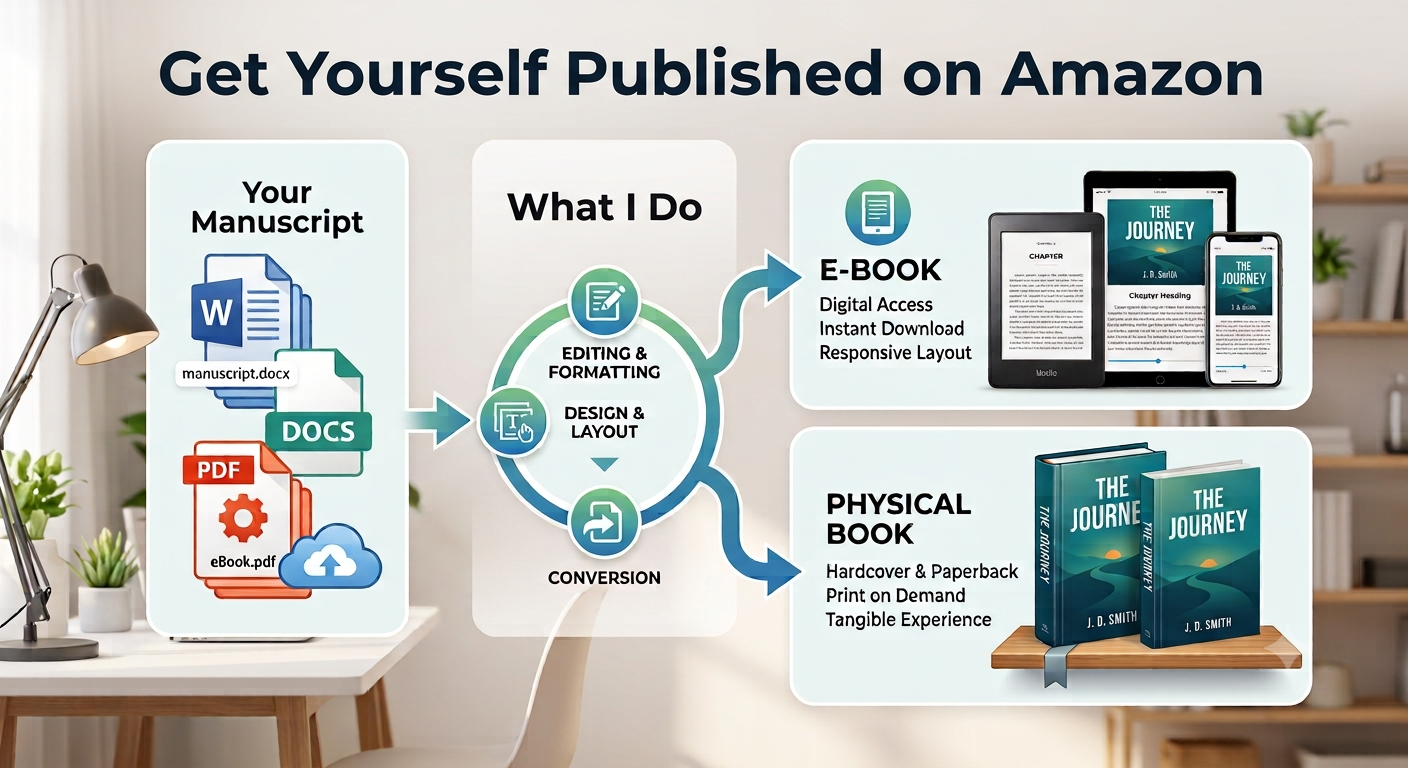 Manuscript being edited, designed, and converted into an publishable Amazon book